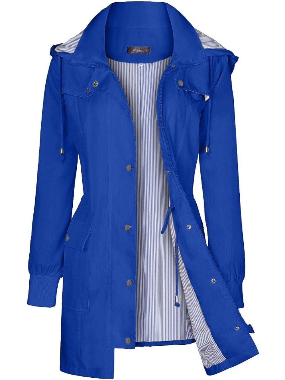 Women Royal Blue Hooded Waterproof Striped Climbing Windbreaker Trench Rain Coat
